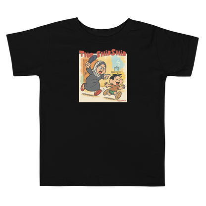 black t-shirt with Arab mom chasing boy cartoon print – The ShibShib design by Warrior Ink