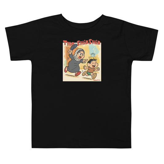 black t-shirt with Arab mom chasing boy cartoon print – The ShibShib design by Warrior Ink