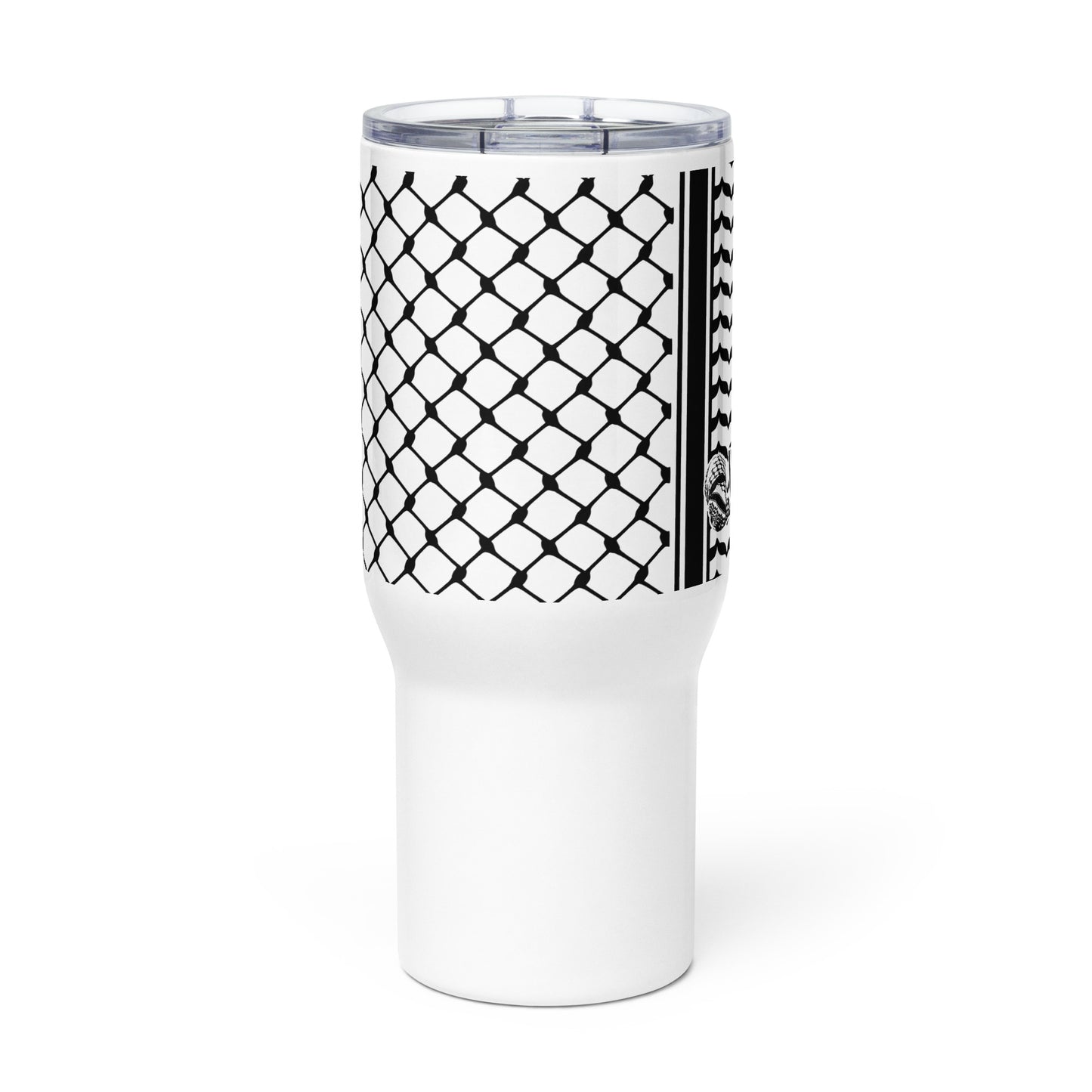 Keffiyeh patterned stainless steel travel mug by Warrior Ink Apparel