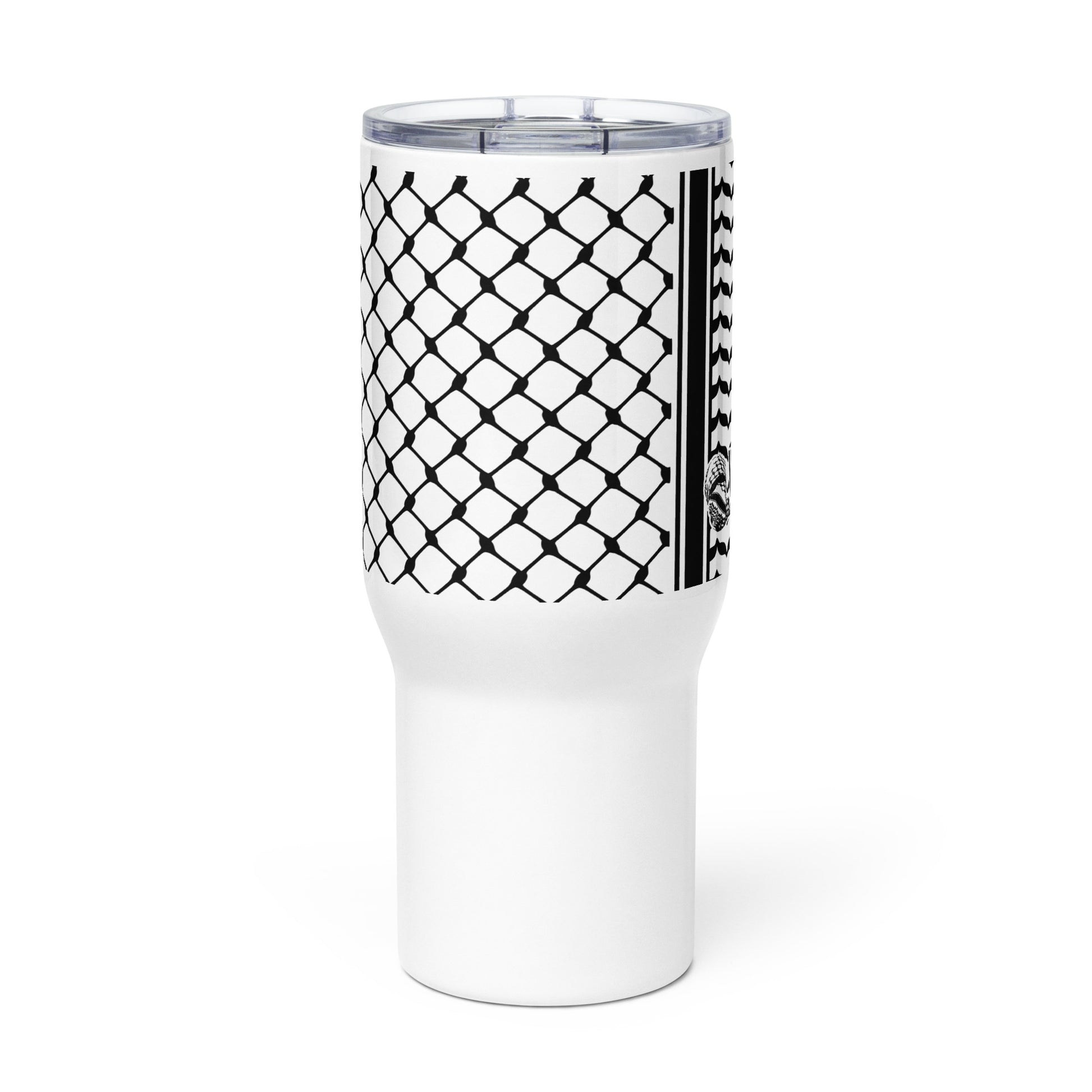 Keffiyeh patterned stainless steel travel mug by Warrior Ink Apparel