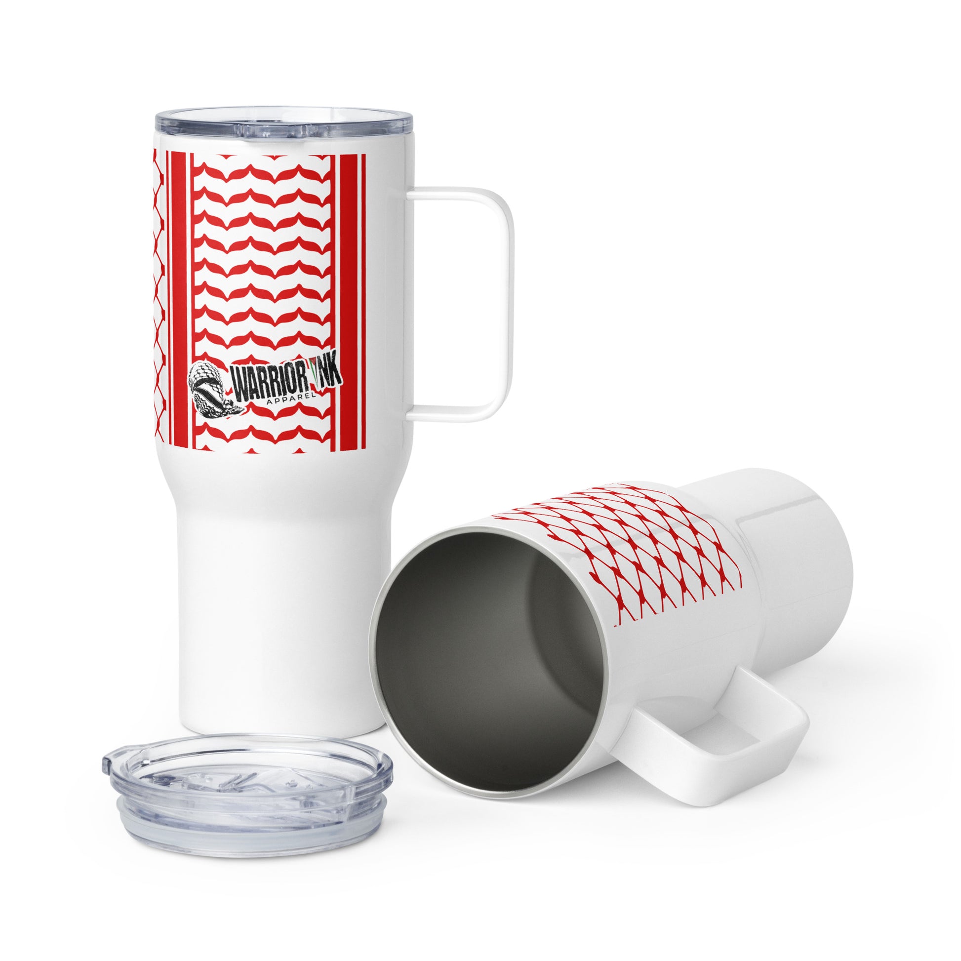 Red keffiyeh stainless steel travel mug by Warrior Ink Apparel