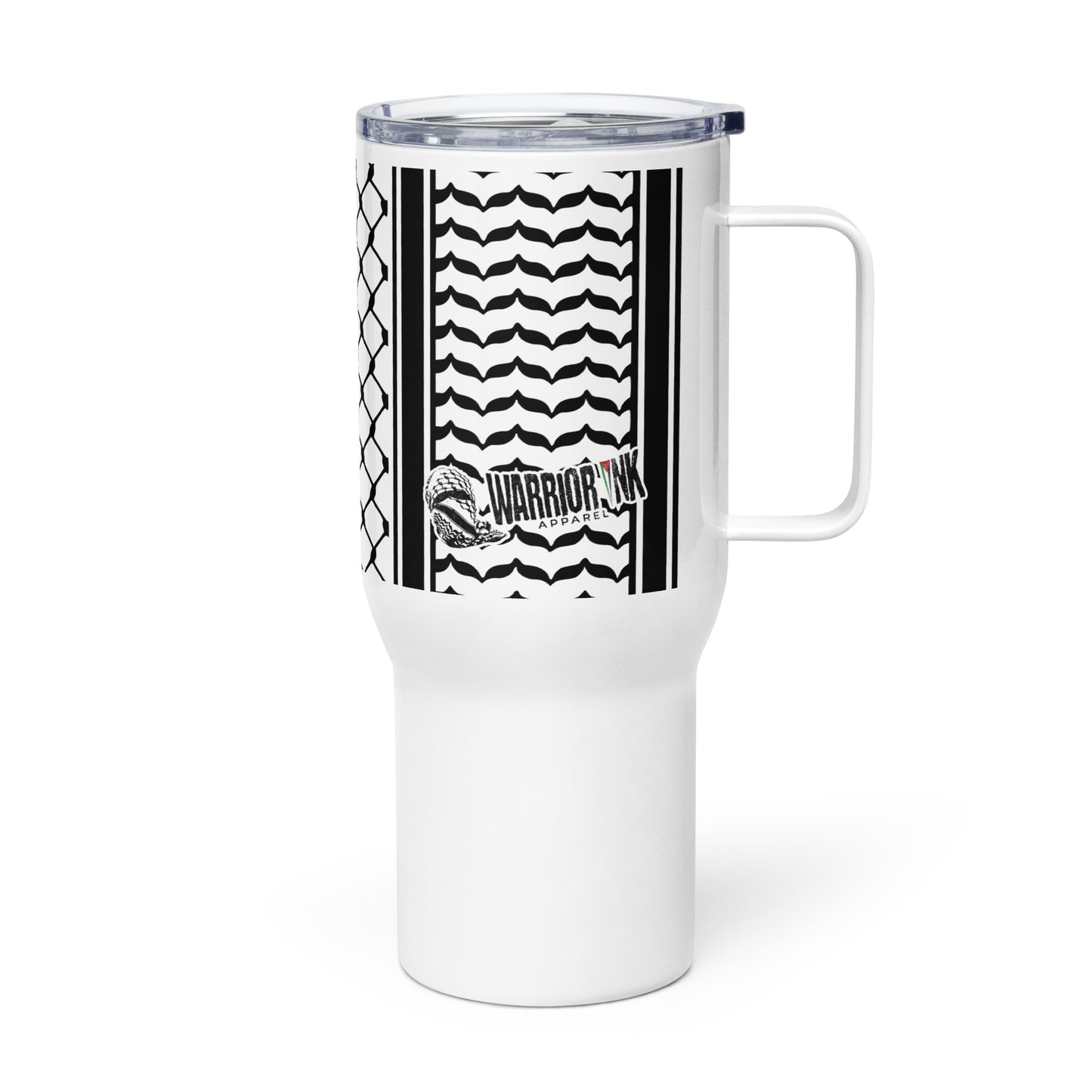 Keffiyeh patterned stainless steel travel mug by Warrior Ink Apparel