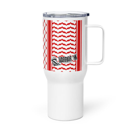Red keffiyeh stainless steel travel mug by Warrior Ink Apparel