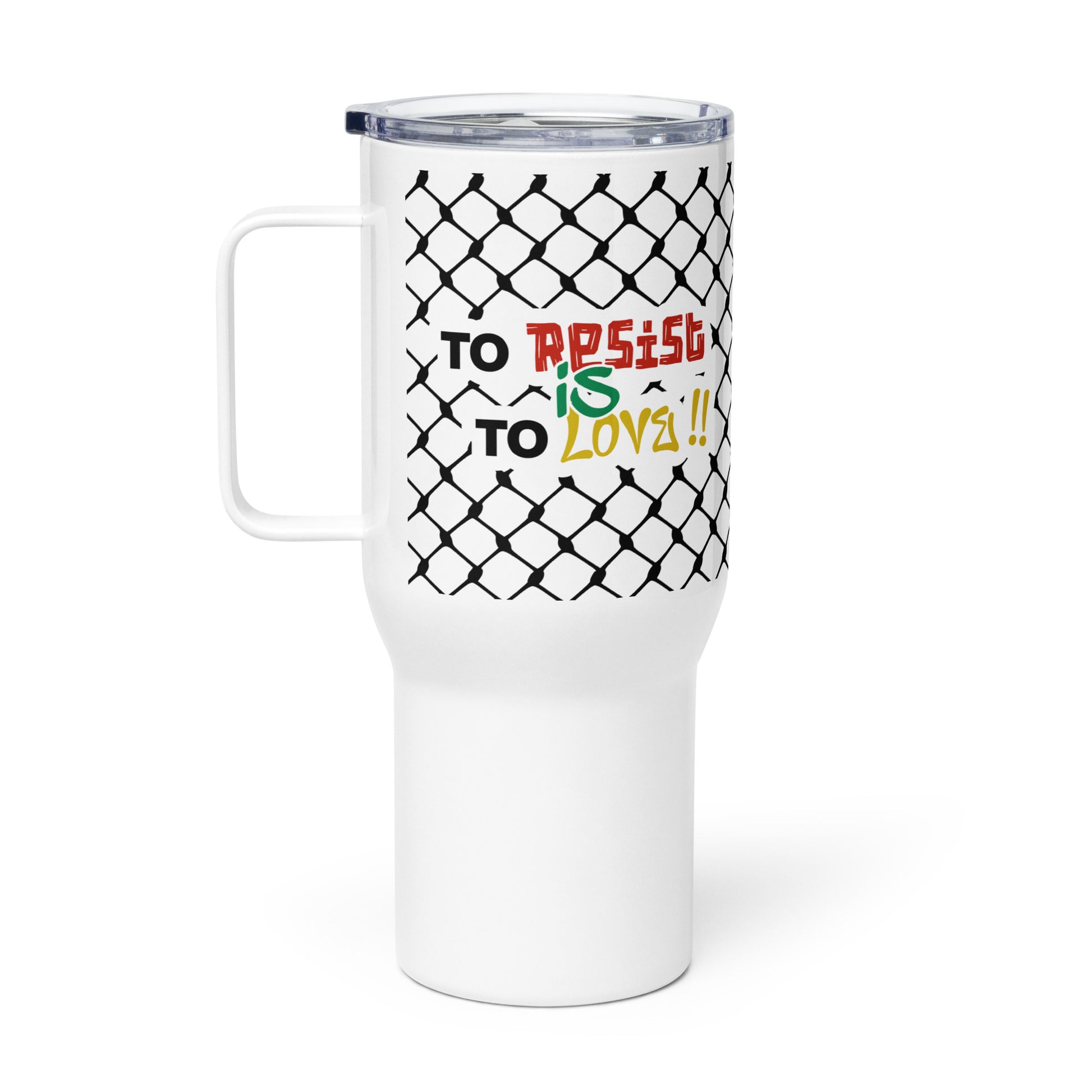 To Resist Is To Love keffiyeh stainless steel travel mug by Warrior Ink Apparel