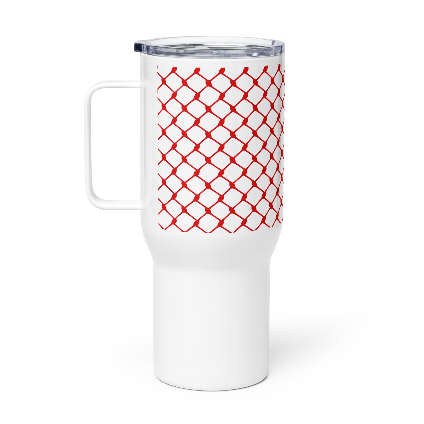 Red keffiyeh stainless steel travel mug by Warrior Ink Apparel