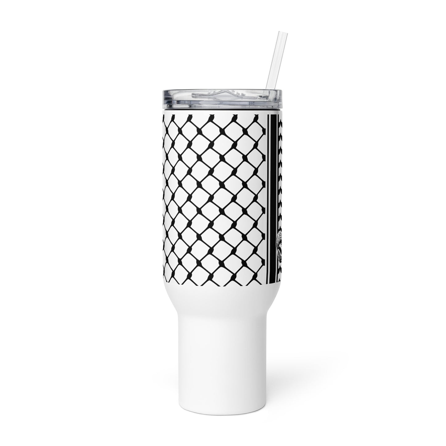 Keffiyeh patterned stainless steel travel mug by Warrior Ink Apparel