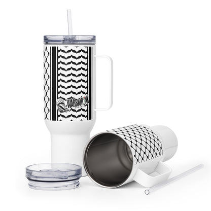 Keffiyeh patterned stainless steel travel mug by Warrior Ink Apparel