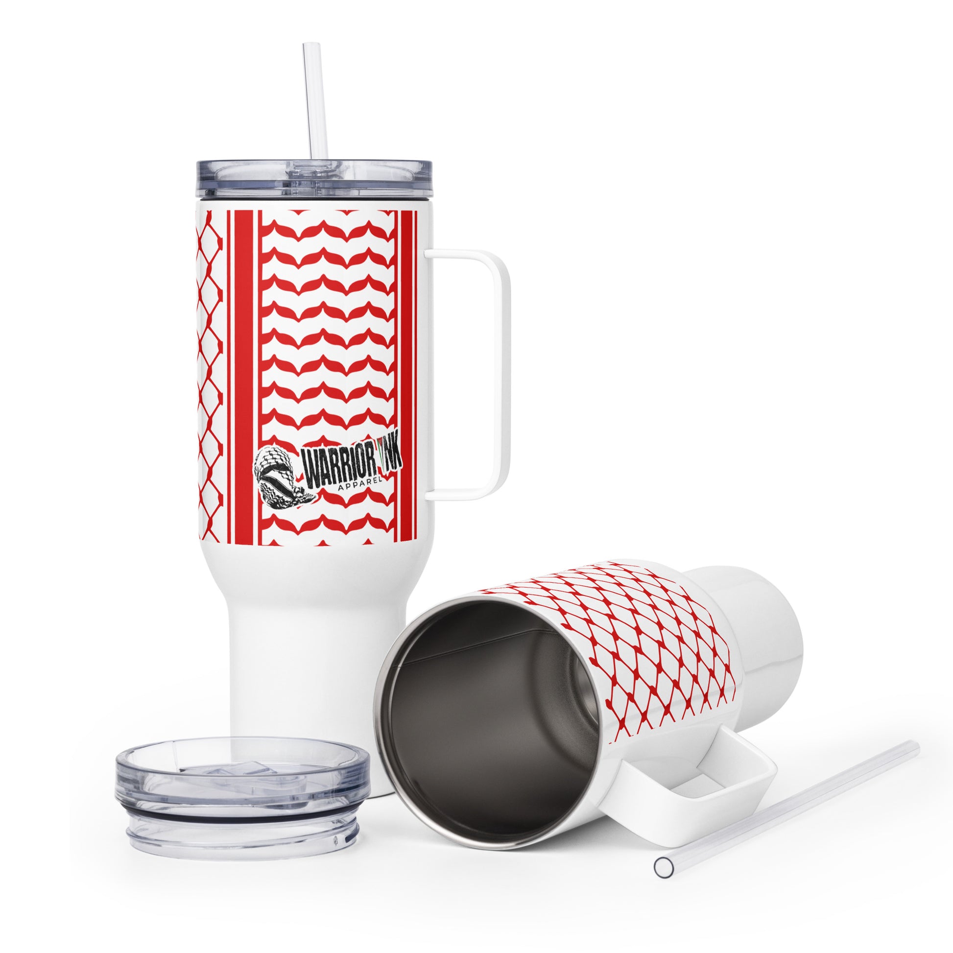 Red keffiyeh stainless steel travel mug by Warrior Ink Apparel