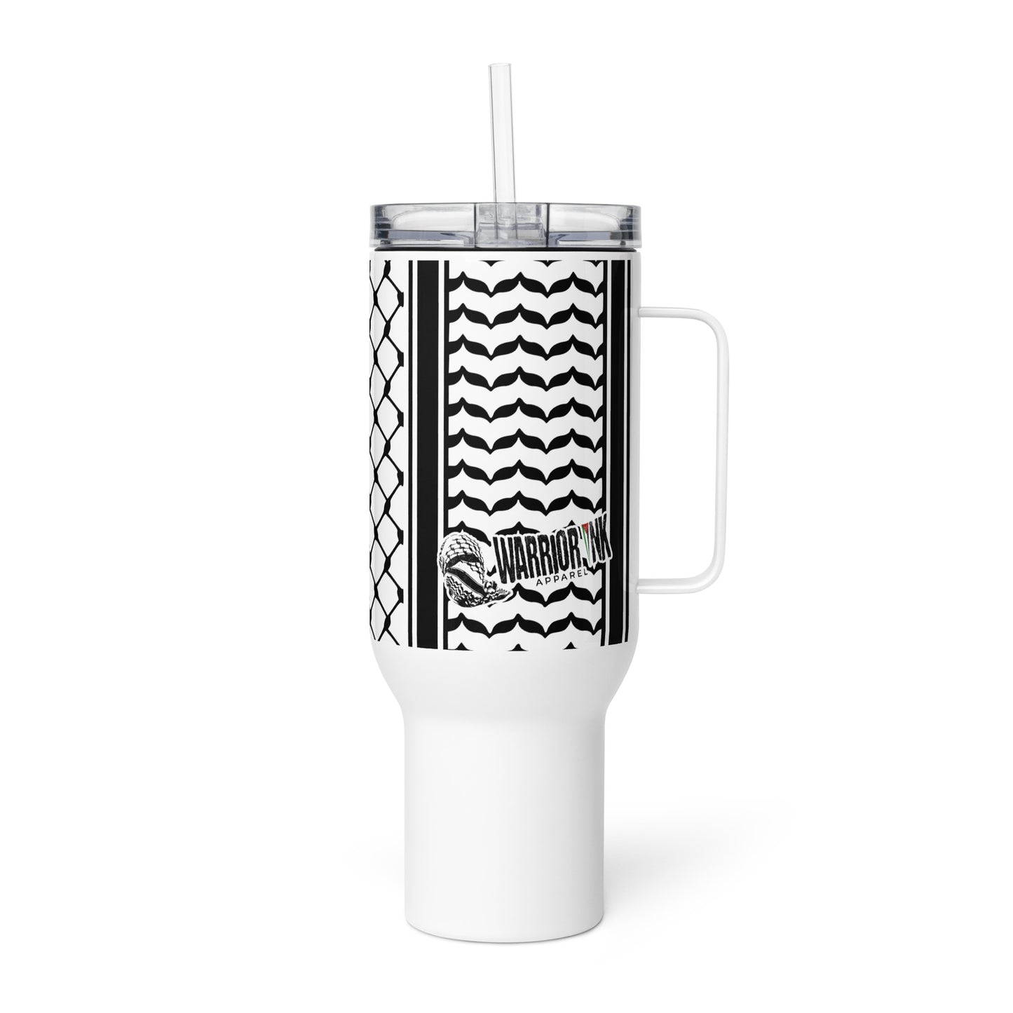 Keffiyeh patterned stainless steel travel mug by Warrior Ink Apparel