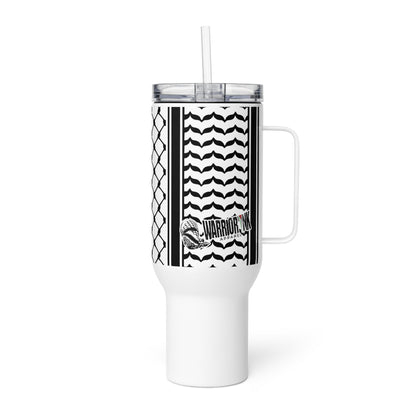 Keffiyeh patterned stainless steel travel mug by Warrior Ink Apparel