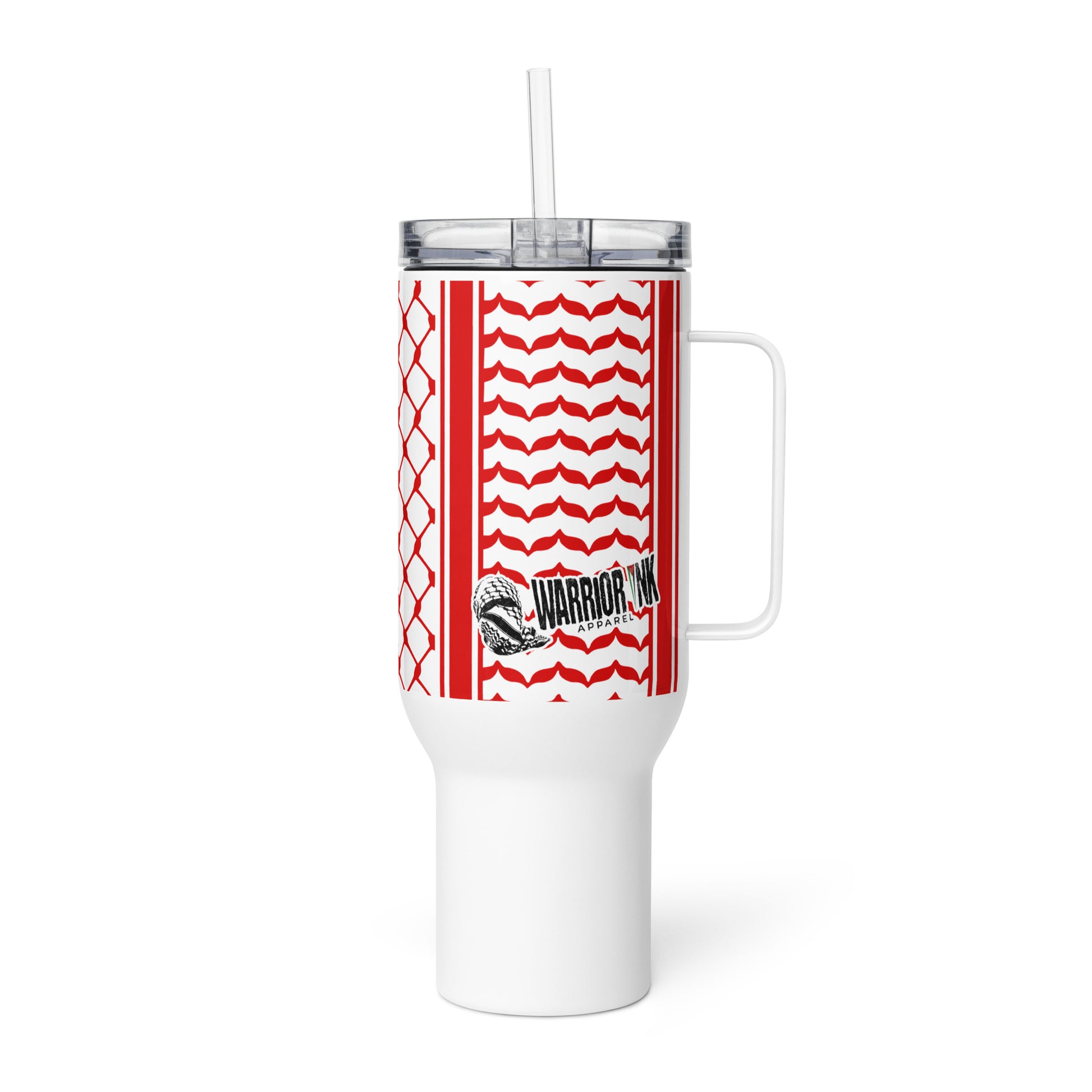 Red keffiyeh stainless steel travel mug by Warrior Ink Apparel