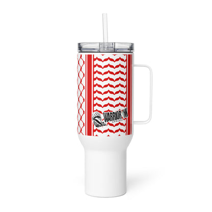 Red keffiyeh stainless steel travel mug by Warrior Ink Apparel