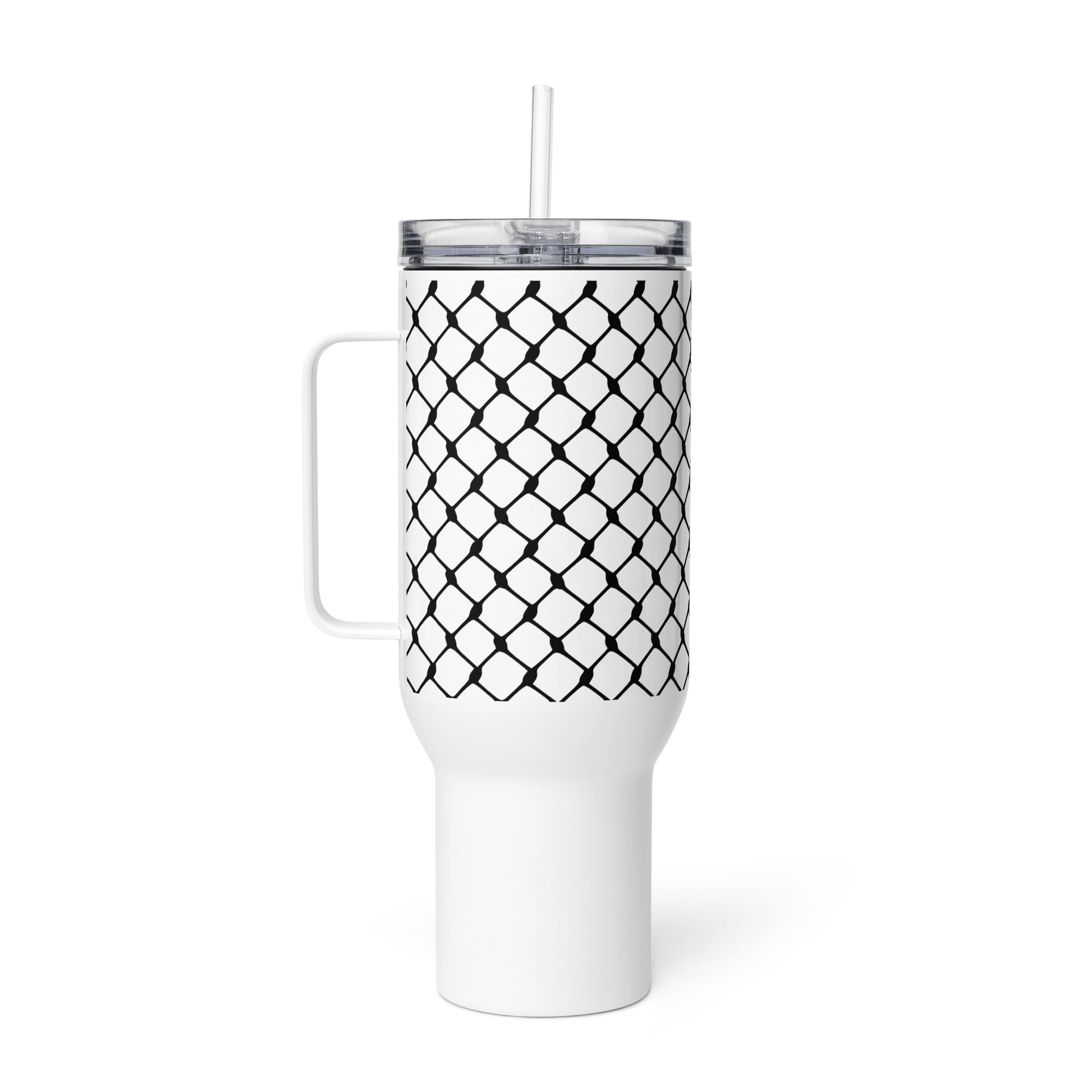 Keffiyeh patterned stainless steel travel mug by Warrior Ink Apparel