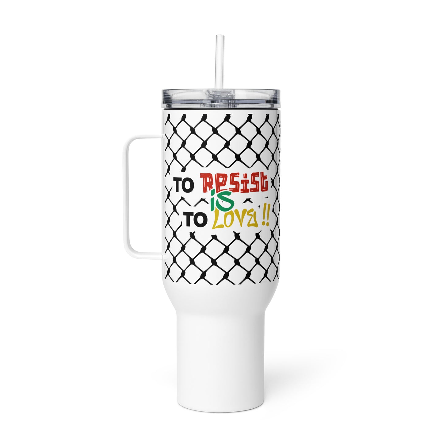 To Resist Is To Love keffiyeh stainless steel travel mug by Warrior Ink Apparel