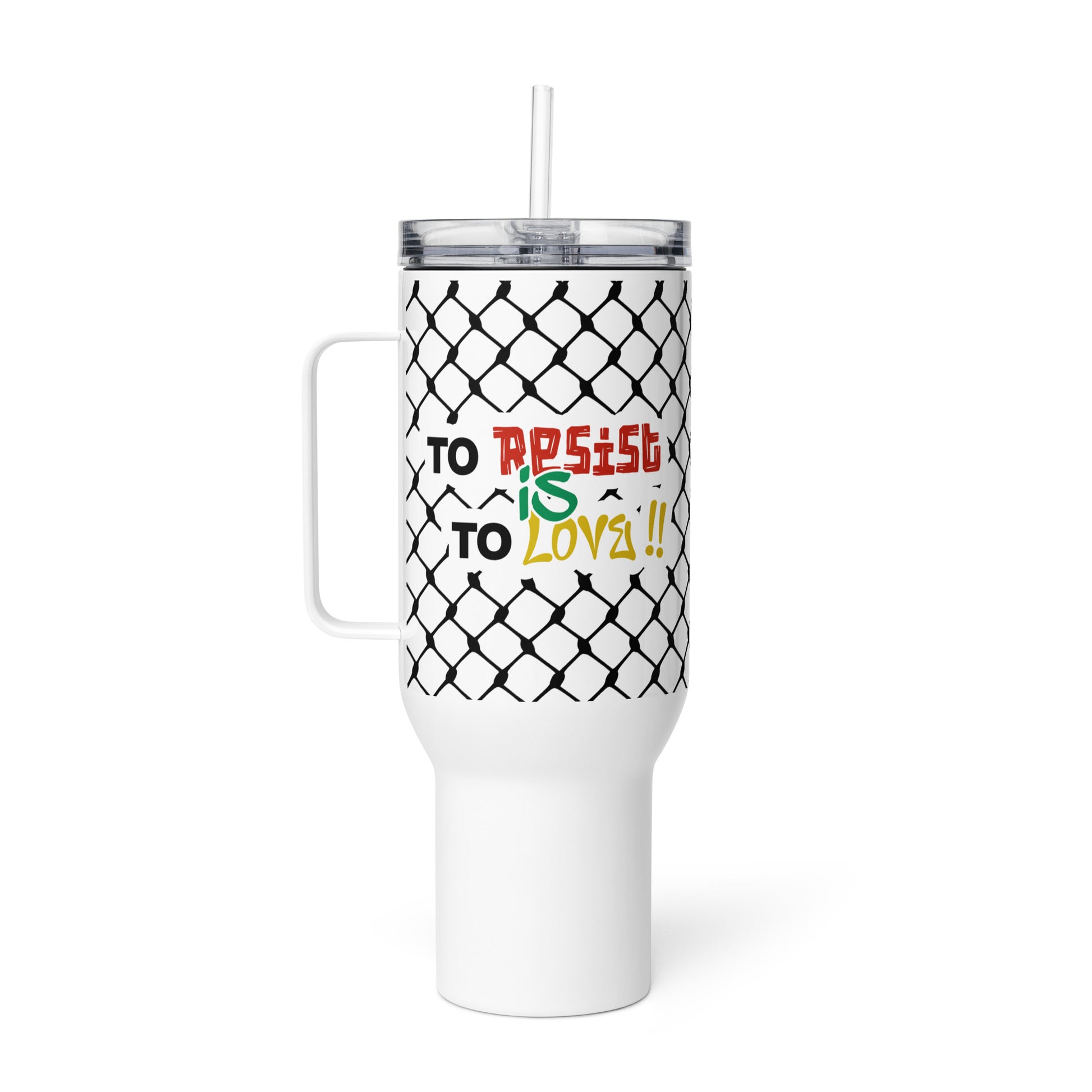 To Resist Is To Love keffiyeh stainless steel travel mug by Warrior Ink Apparel