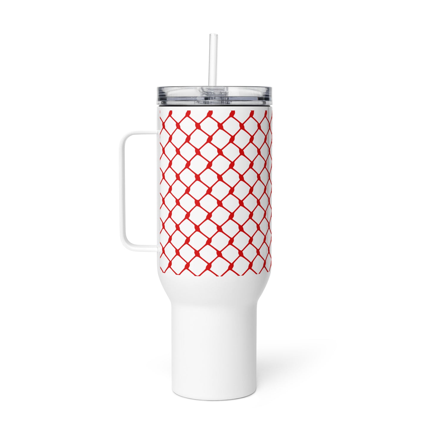 Red keffiyeh stainless steel travel mug by Warrior Ink Apparel