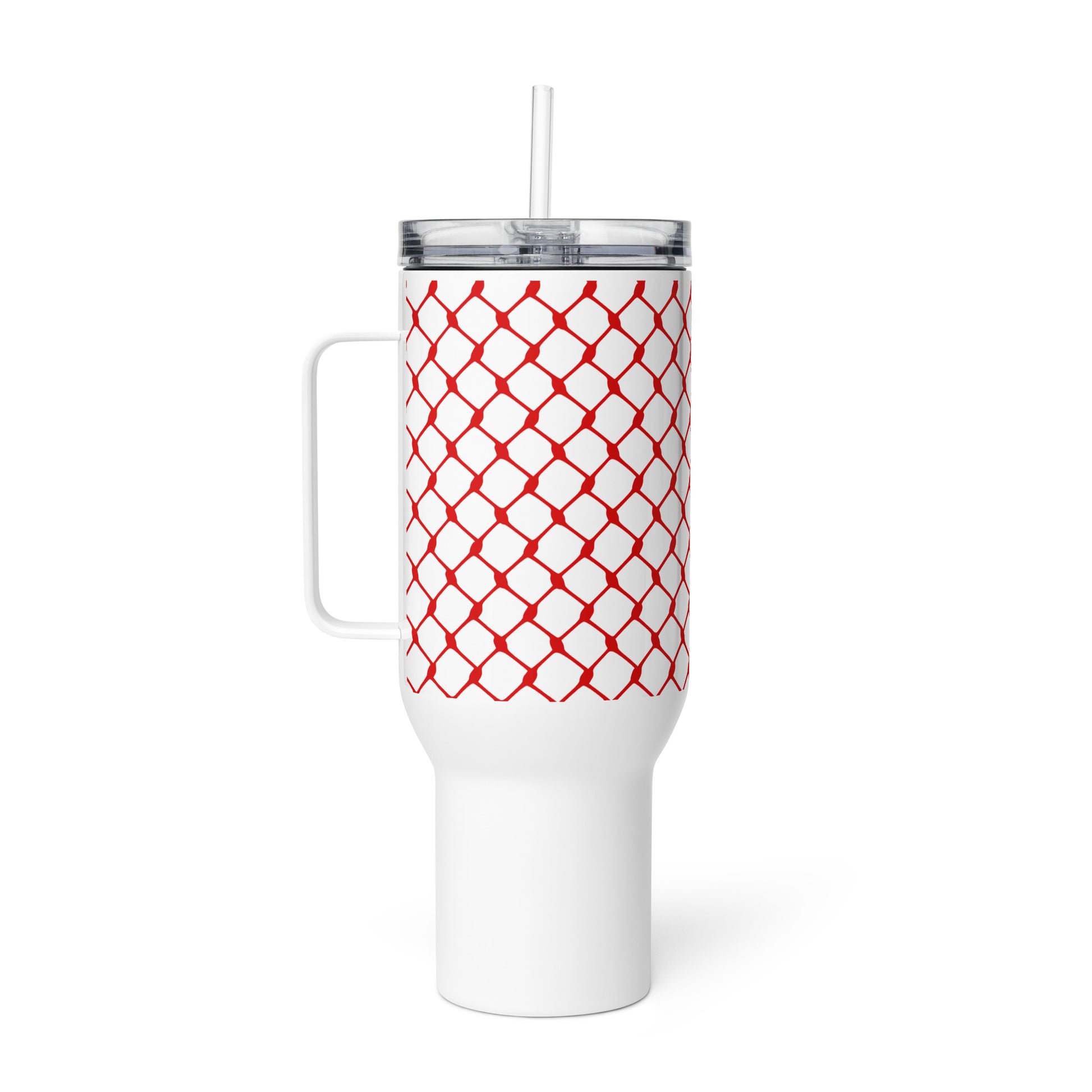 Red keffiyeh stainless steel travel mug by Warrior Ink Apparel