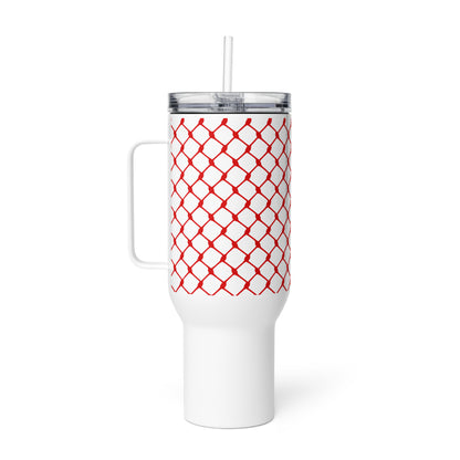 Red keffiyeh stainless steel travel mug by Warrior Ink Apparel