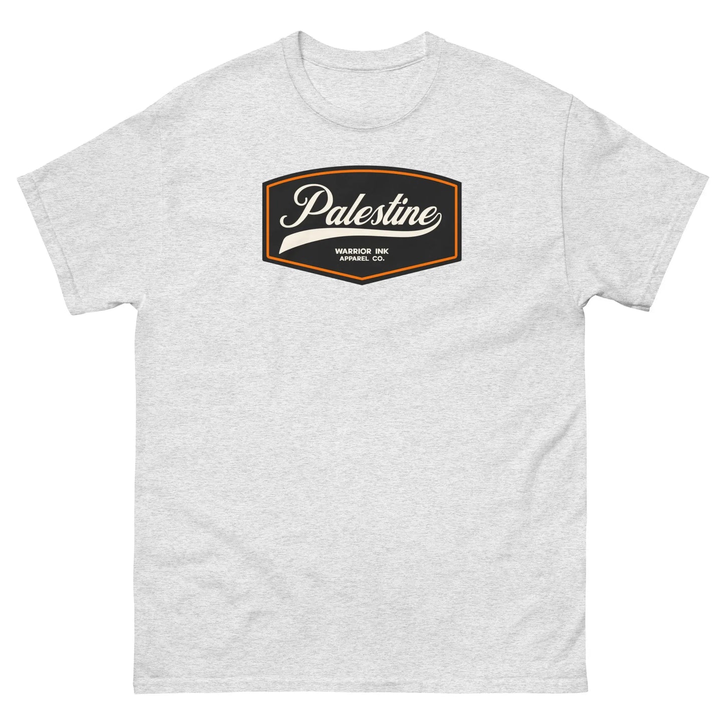 Ash grey unisex t-shirt featuring a vintage-inspired Palestine emblem on the front, delivering a neutral, modern aesthetic with timeless appeal.