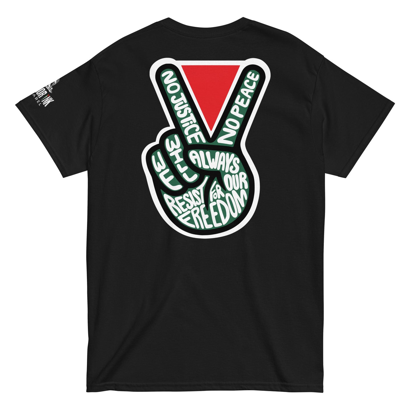 Back view of NO PEACE UNTIL FREEDOM Palestine graphic tee with peace sign design by Warrior Ink Apparel