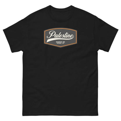 Black unisex t-shirt featuring a vintage-inspired Palestine emblem on the front, blending heritage and identity with a modern streetwear aesthetic.