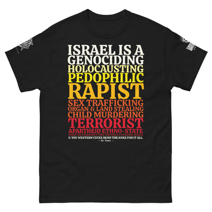 Black GENOCIDING ETHNO-STATE Palestine protest graphic tee from the Mo Hamz Collection