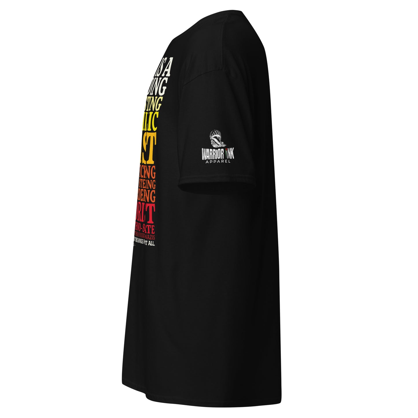 Black GENOCIDING ETHNO-STATE Palestine protest graphic tee from the Mo Hamz Collection