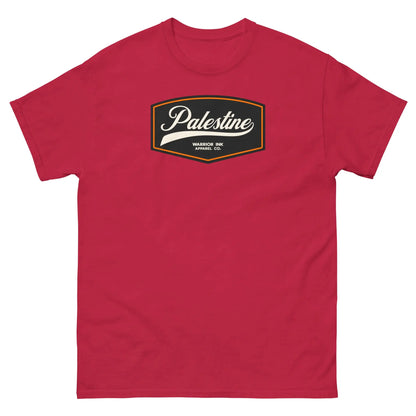Cardinal red unisex t-shirt featuring a vintage-inspired Palestine emblem on the front, combining cultural pride with a striking, deep red hue.