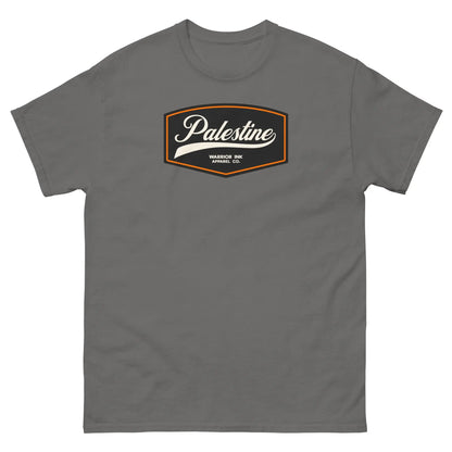 Charcoal grey unisex t-shirt with a vintage-inspired Palestine emblem on the front, providing a sleek, muted tone for versatile styling.