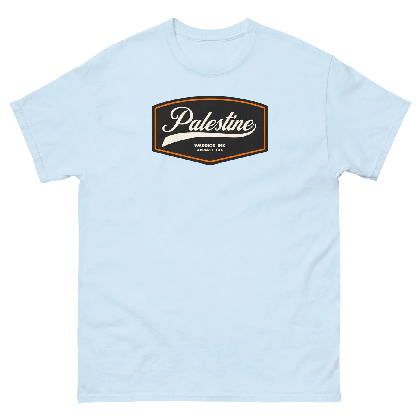 Light blue unisex t-shirt with a vintage-inspired Palestine emblem on the front, offering a soft, refreshing color for a subtle yet meaningful statement.