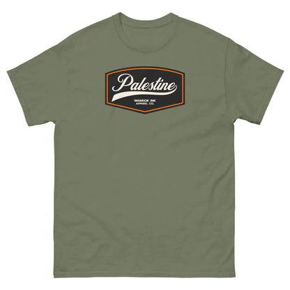 Military green unisex t-shirt featuring a vintage-inspired Palestine emblem on the front, symbolizing strength and resilience in a rugged, earthy shade.