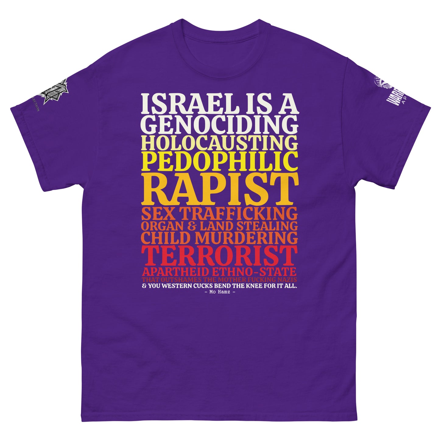 Black GENOCIDING ETHNO-STATE Palestine protest graphic tee from the Mo Hamz Collection