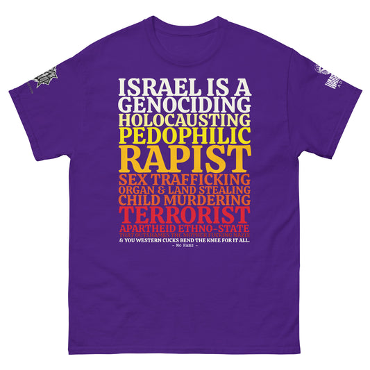 Black GENOCIDING ETHNO-STATE Palestine protest graphic tee from the Mo Hamz Collection