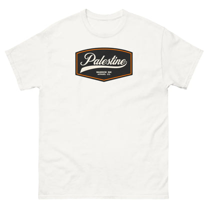 White unisex t-shirt with a vintage-inspired Palestine emblem on the front, creating a crisp, clean look that highlights the emblem’s bold design.