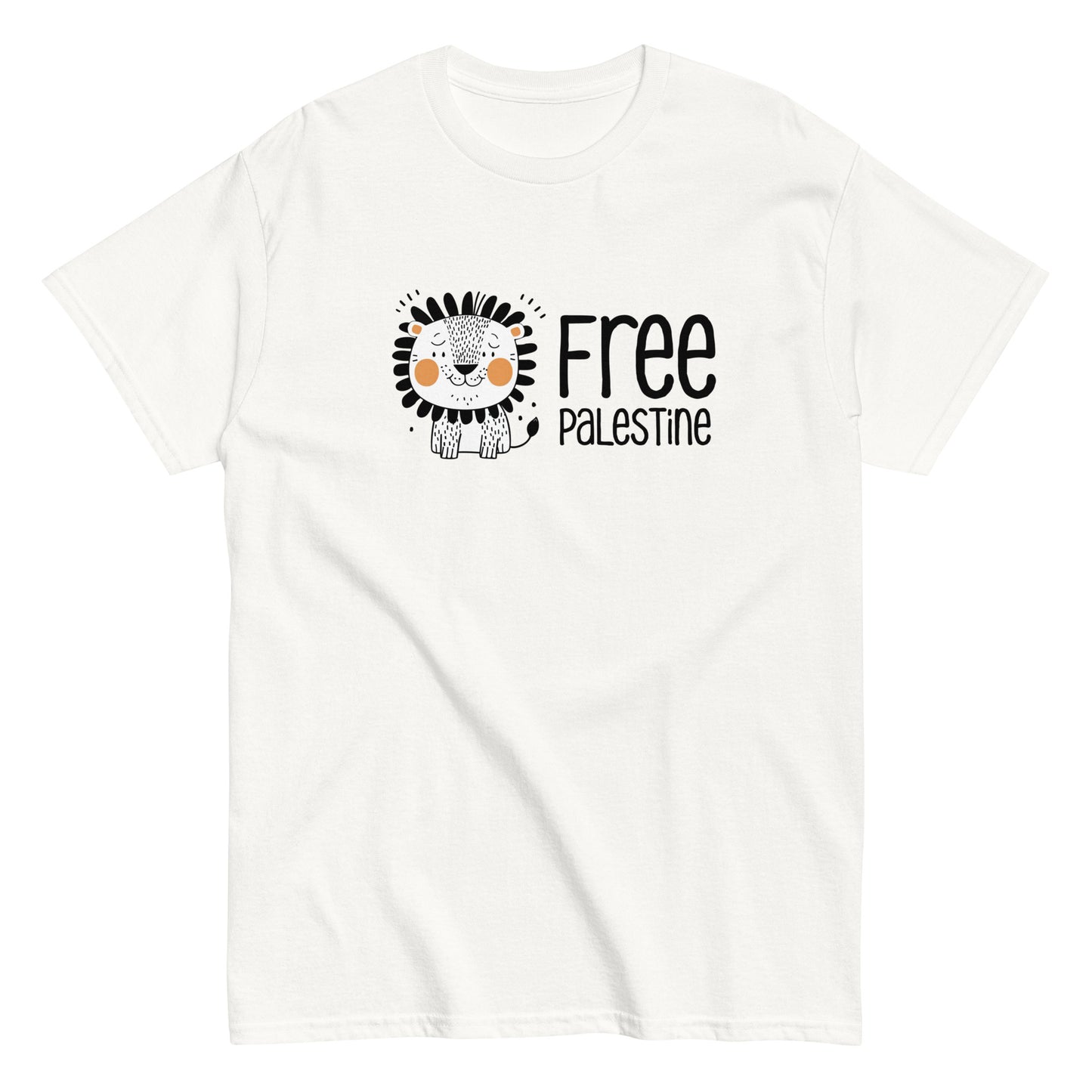 Free Palestine Lion classic tee in white cotton by Warrior Ink Apparel