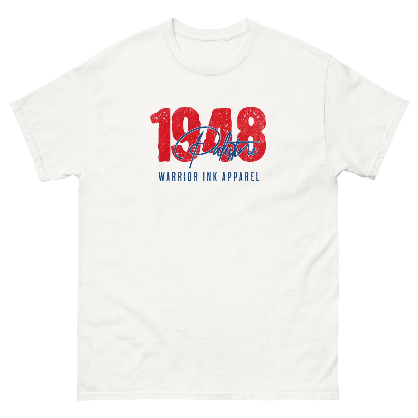 Palestine 1948 Heritage Tee with distressed red numerals and scripted Palestine logo