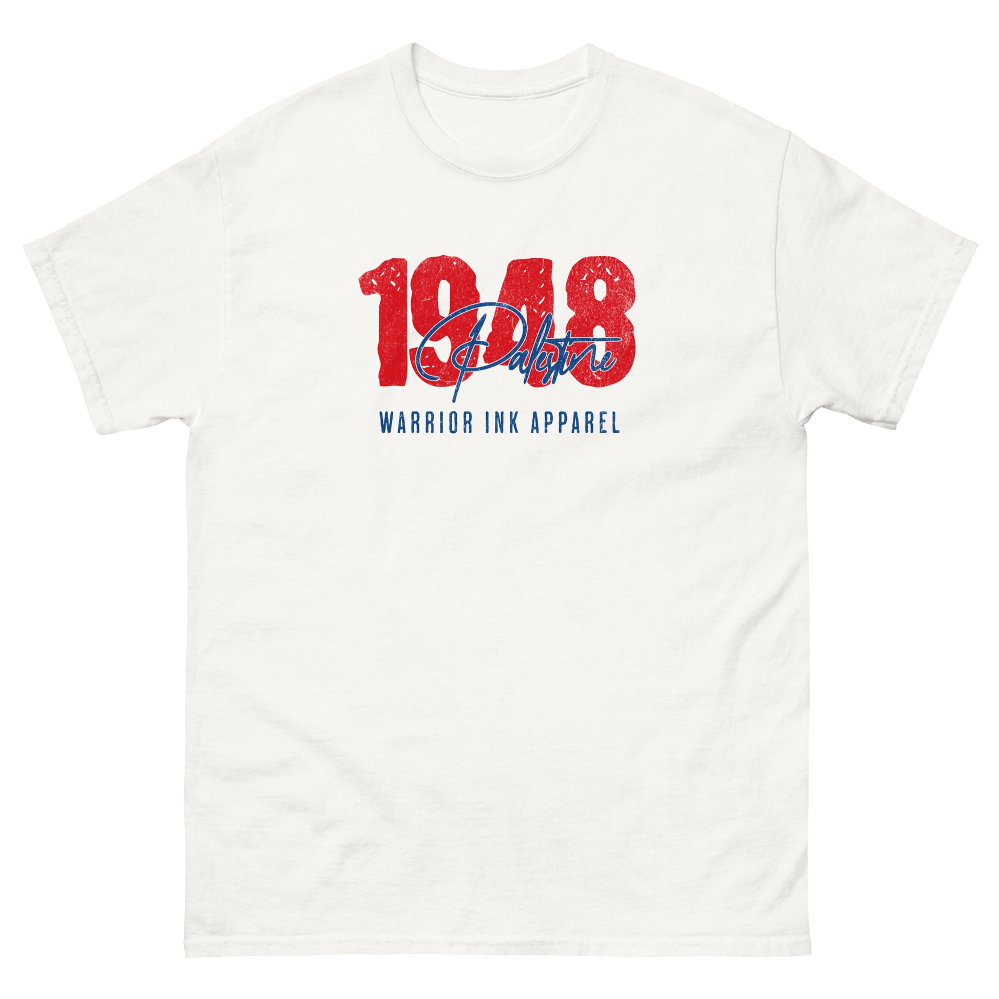 Palestine 1948 Heritage Tee with distressed red numerals and scripted Palestine logo