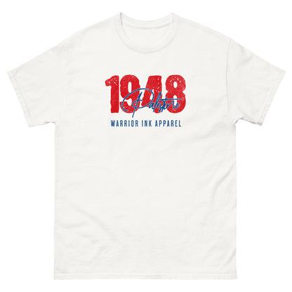 Palestine 1948 Heritage Tee with distressed red numerals and scripted Palestine logo