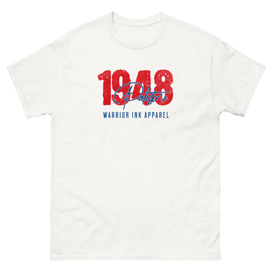 Palestine 1948 Heritage Tee with distressed red numerals and scripted Palestine logo