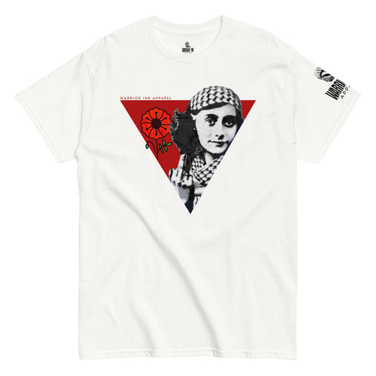 Red triangle Palestine resistance t shirt with keffiyeh portrait design