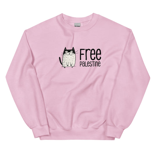 Free Palestine Cat crewneck sweatshirt in pink by Warrior Ink Apparel