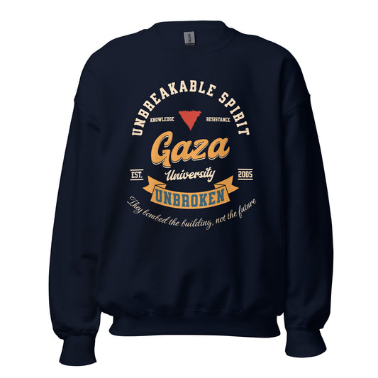 Navy Blue Gaza University Unbroken solidarity sweatshirt by Warrior Ink Apparel.