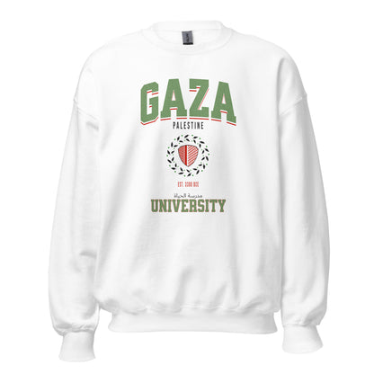 White crewneck sweatshirt with collegiate-style “GAZA UNIVERSITY” design, Arabic and English text, and a keffiyeh-wrapped shield graphic.