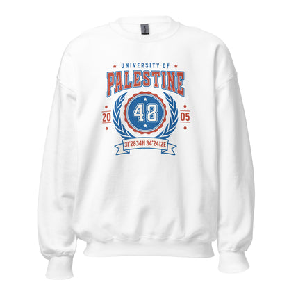 White sweatshirt with vintage collegiate design reading “University of Palestine,” red and blue graphics, number 48, and geographic coordinates in a bold varsity layout.