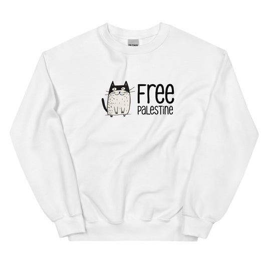 Free Palestine Cat crewneck sweatshirt in white by Warrior Ink Apparel