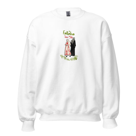 Green sweatshirt featuring Falaha Palestinian farmer design with Arabic text