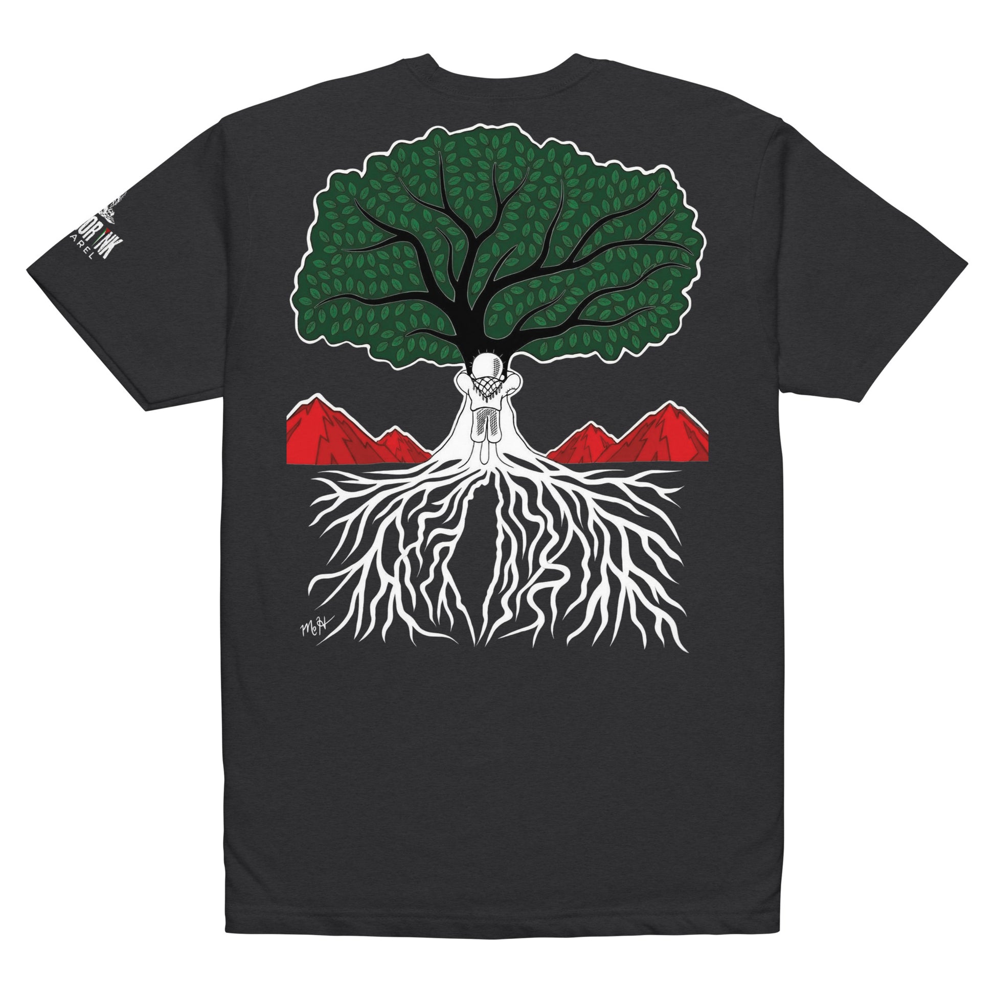 Back view of EMBRACE YOUR ROOTS Palestine graphic tee with roots-inspired artwork