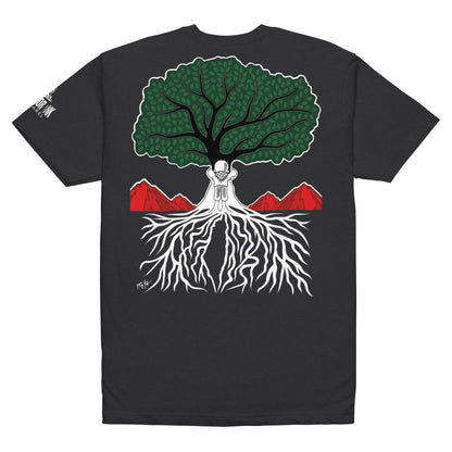 Back view of EMBRACE YOUR ROOTS Palestine graphic tee with roots-inspired artwork