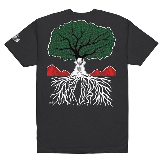 Back view of EMBRACE YOUR ROOTS Palestine graphic tee with roots-inspired artwork