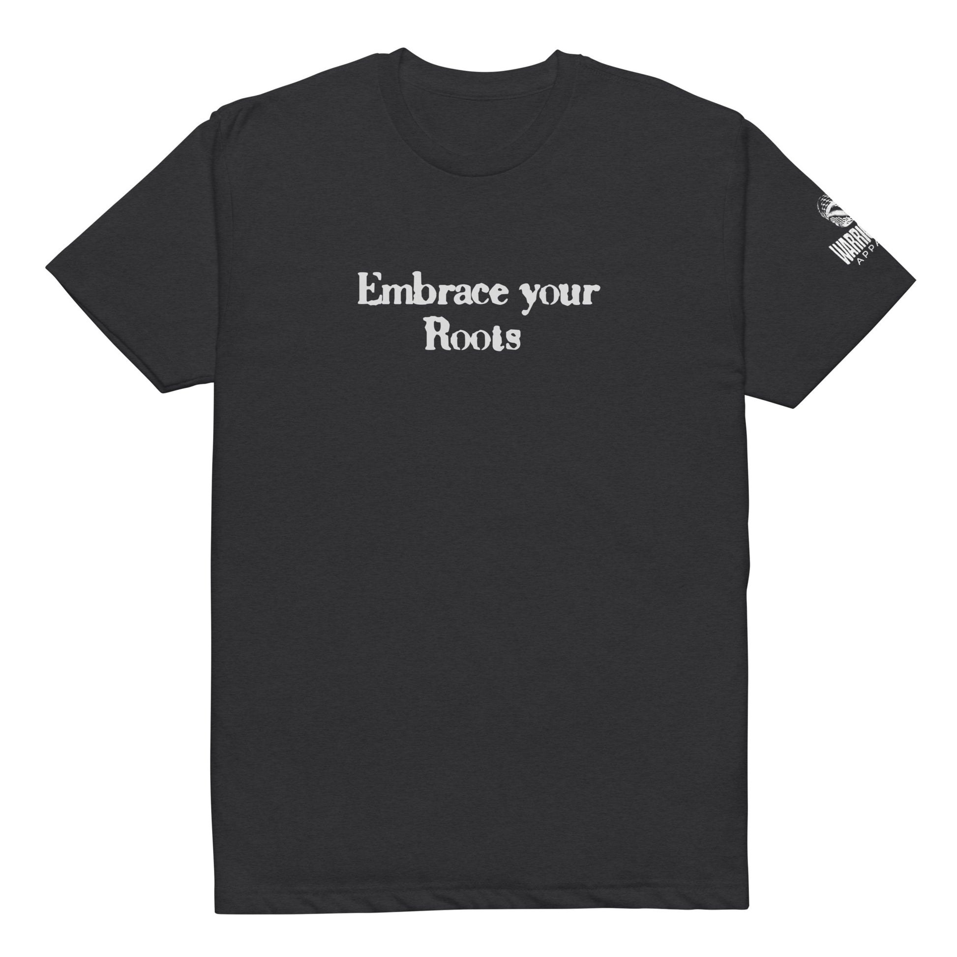 Front view of EMBRACE YOUR ROOTS Palestine graphic tee with text design